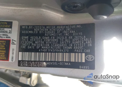 2015 Toyota Camry Le from USA, damaged, VIN 4T4BF1FK5FR484370